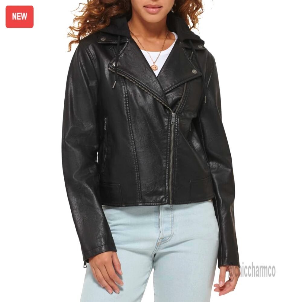 Faux Leather Motorcycle Jacket with Fleece Hood, Regular & Plus Sizes
